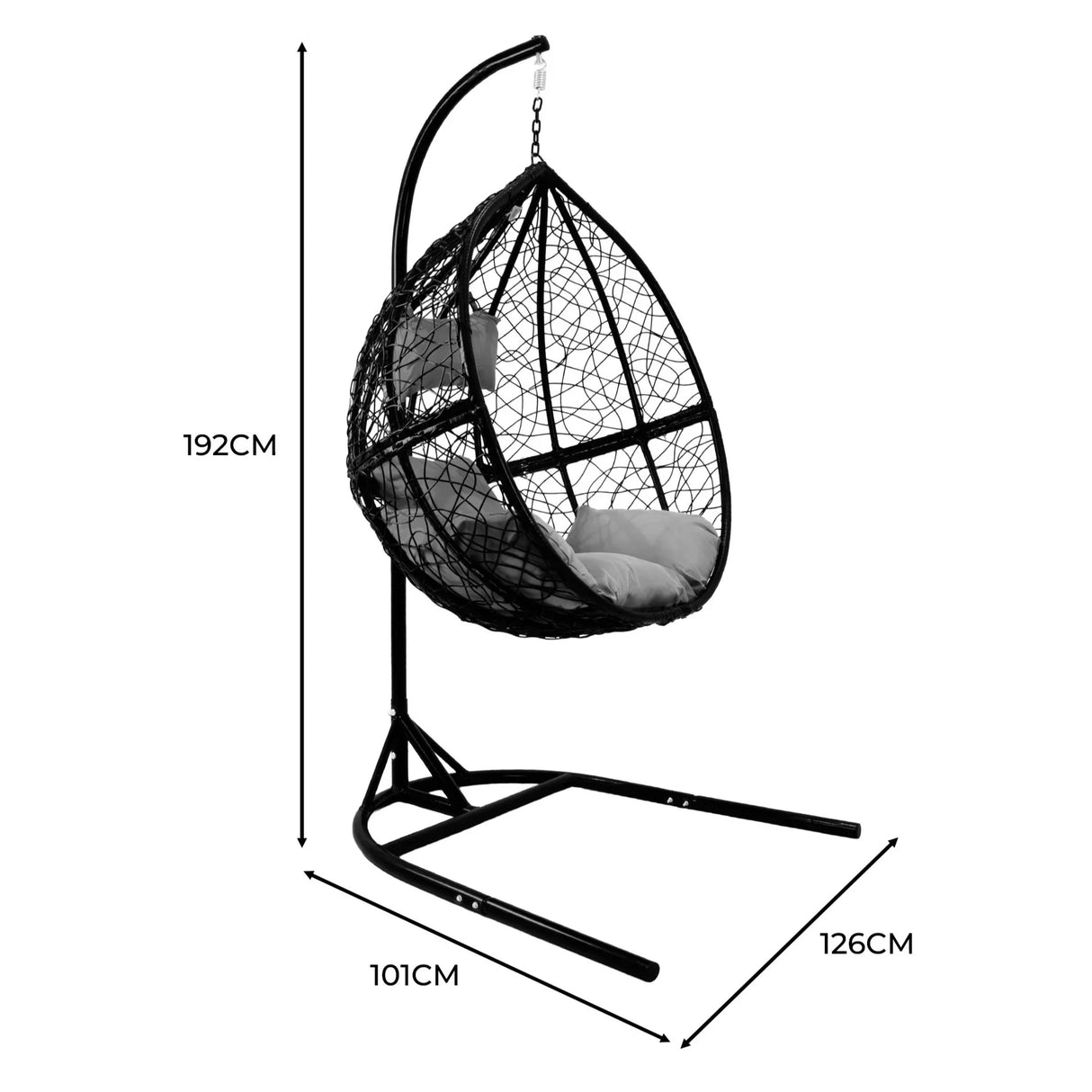 Black hanging rattan egg chair with a sturdy metal frame, featuring a plush cushion, perfect for indoor or outdoor relaxation