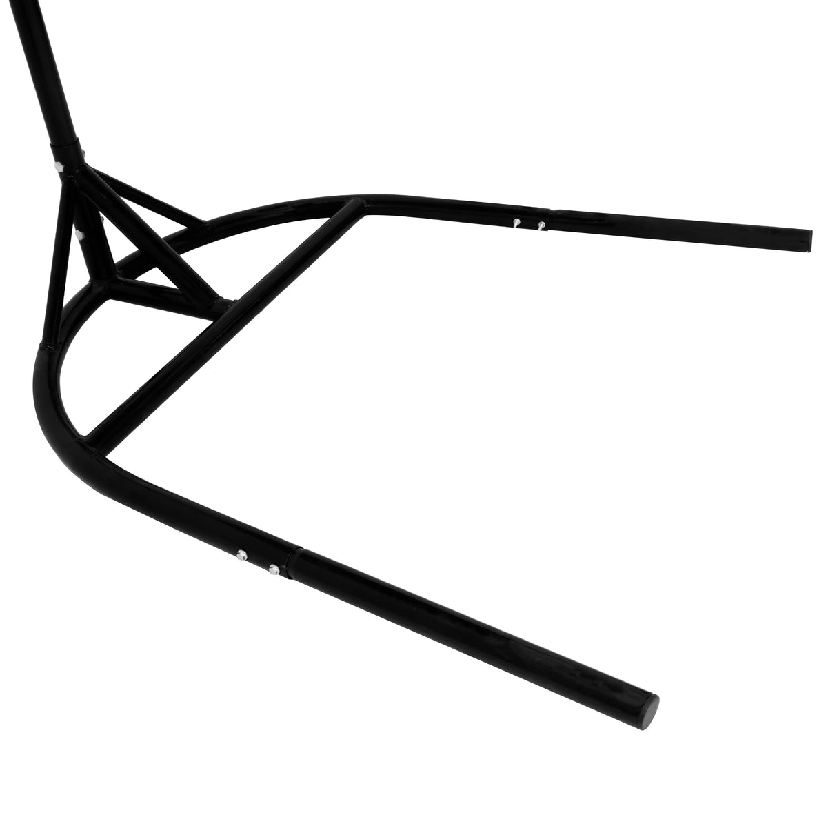 Black metal stand for hanging rattan egg chairs, featuring a sturdy base and sleek design for outdoor or indoor use