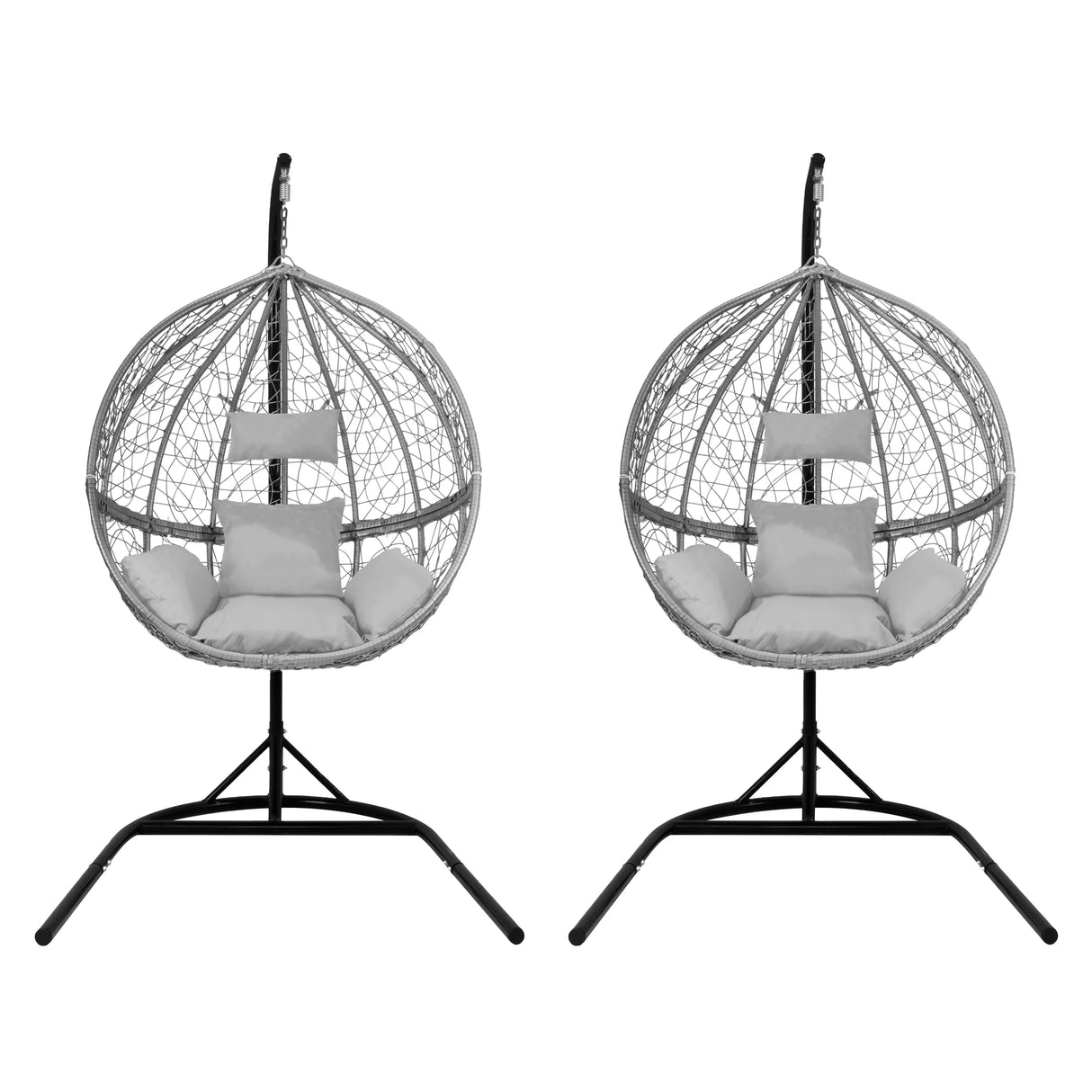 Grey hanging rattan egg chairs with plush cushions, featuring a round shape and sturdy black metal stands, perfect for outdoor relaxation