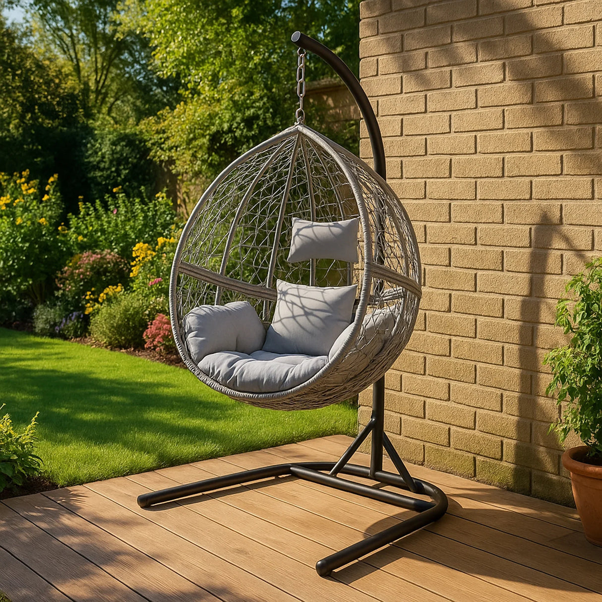 Grey hanging rattan egg chair with plush cushions, suspended on a sleek black metal stand, set in a lush garden patio