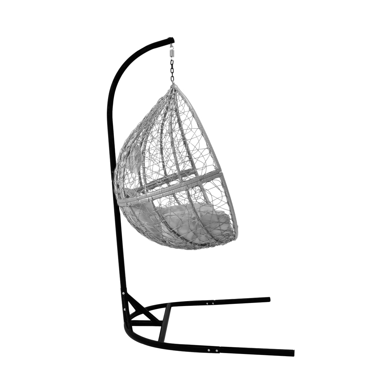 Grey hanging rattan egg chair with a soft cushion, suspended from a sleek black metal frame, perfect for indoor or outdoor relaxation