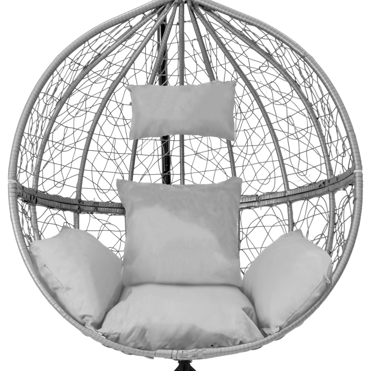 Grey hanging rattan egg chair featuring a round woven design, plush cushions, and a sturdy metal frame for outdoor relaxation