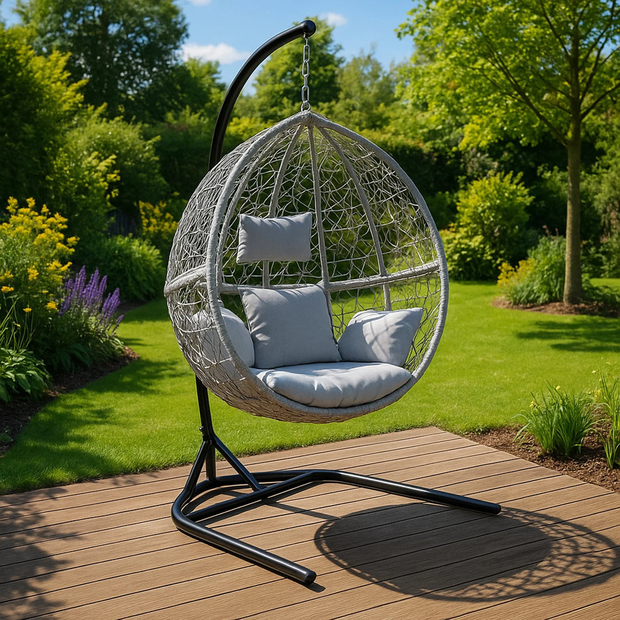Grey hanging rattan egg chair with plush cushions, suspended on a sleek black stand, set in a lush garden environment