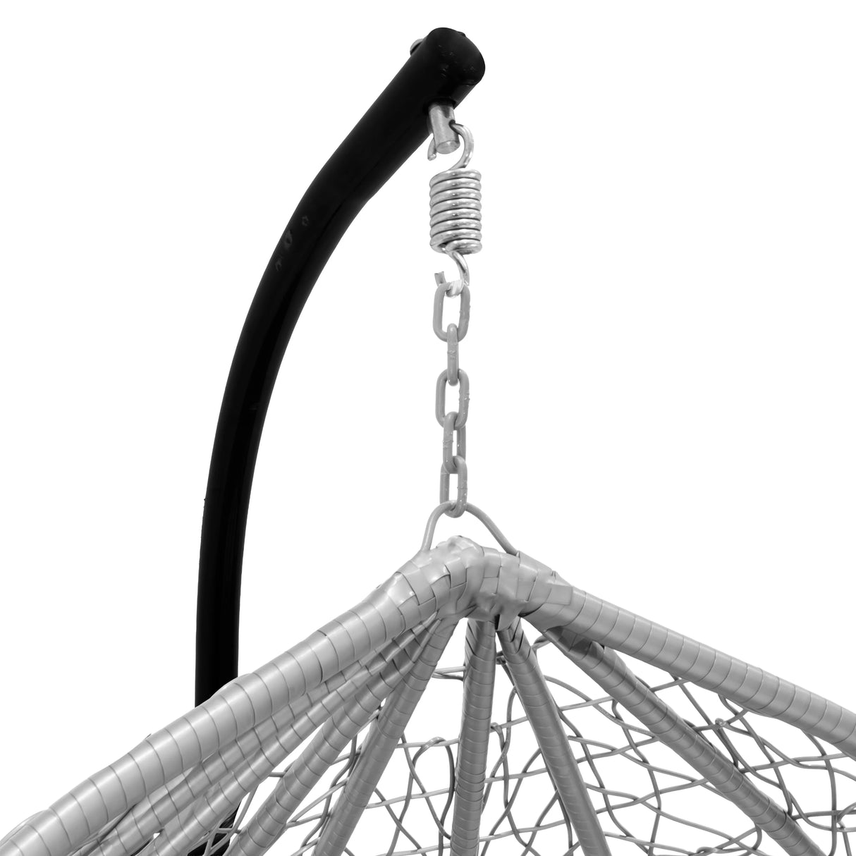 Grey hanging rattan egg chair featuring a sturdy metal frame, intricate woven design, and a secure suspension system for comfort