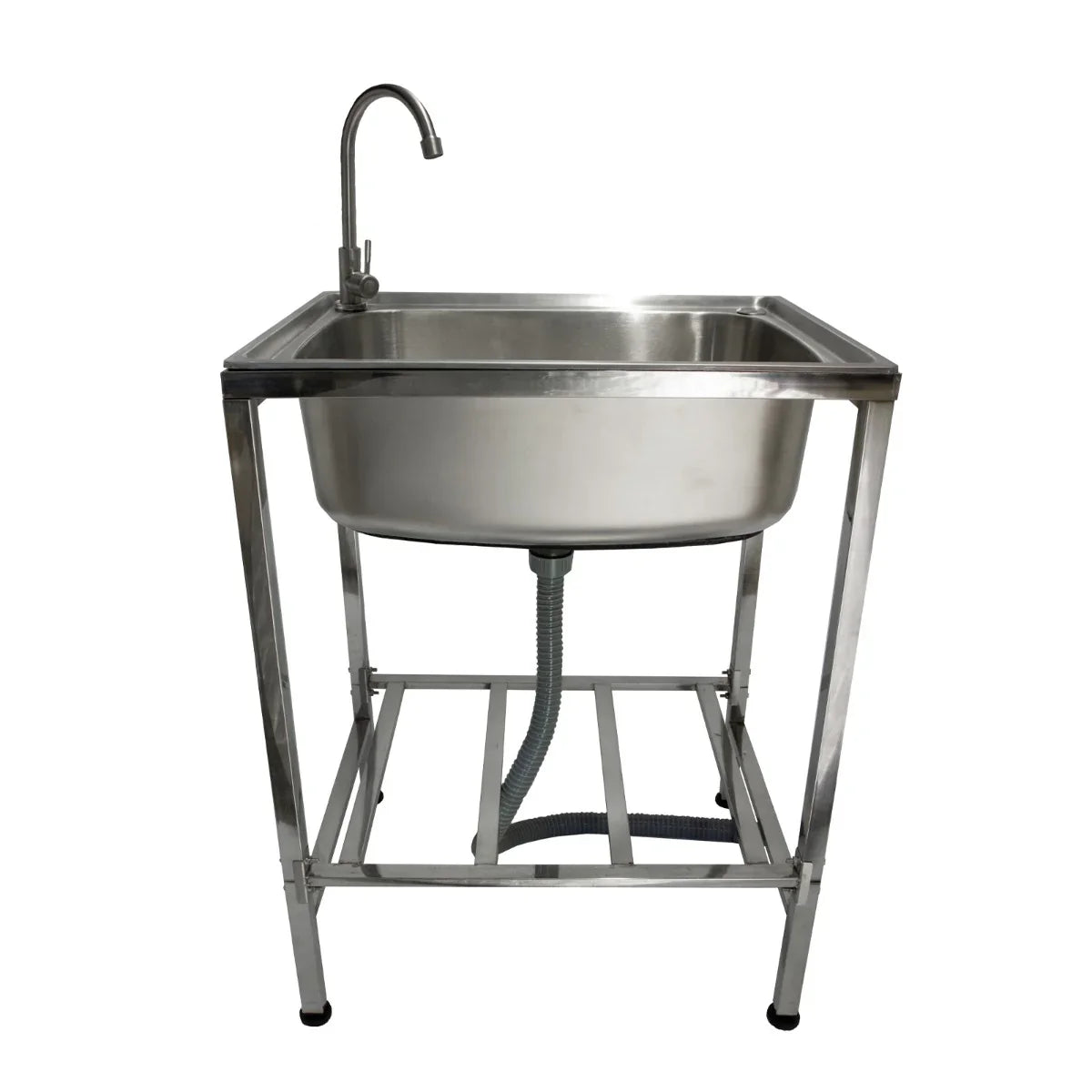 Portable stainless steel camping sink with a sleek design, sturdy frame, and a faucet for easy outdoor washing and cleanup