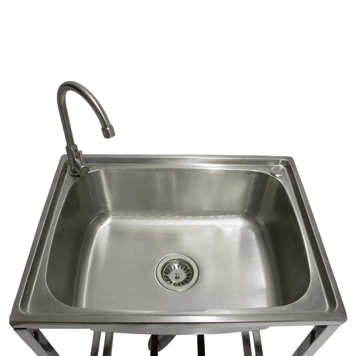 Portable stainless steel camping sink with a sleek design, smooth surface, and a curved faucet for easy water access