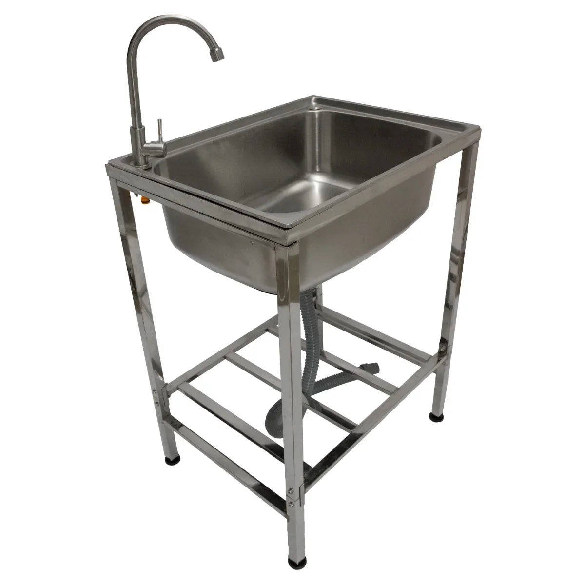 Portable stainless steel camping sink with a sleek design, sturdy frame, and faucet, ideal for outdoor cooking and washing
