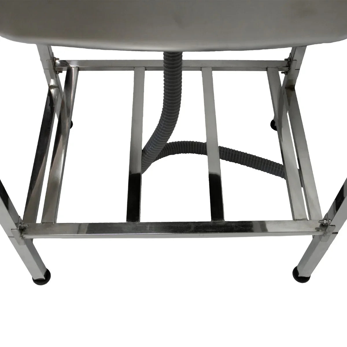 Portable stainless steel camping sink with a sturdy frame, featuring a drainage hose and non-slip feet for stability outdoors