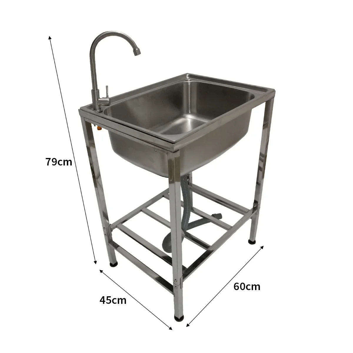 Portable stainless steel camping sink with a sleek design, featuring a single basin, faucet, and sturdy frame dimensions of 79cm height, 60cm width, and 45cm depth