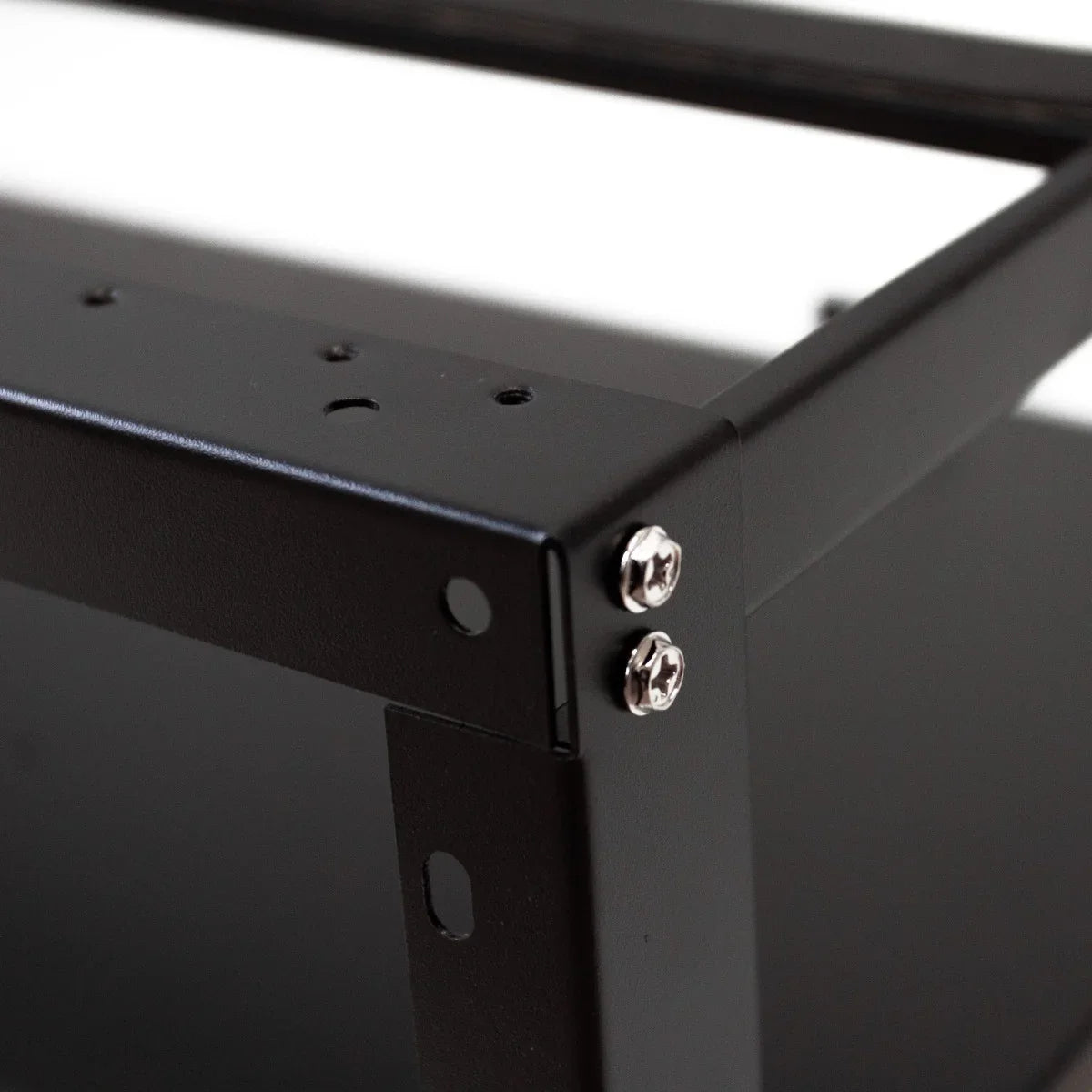 Black metal frame for 6-8 GPU mining rig, featuring sturdy construction with visible screws and mounting holes for easy assembly