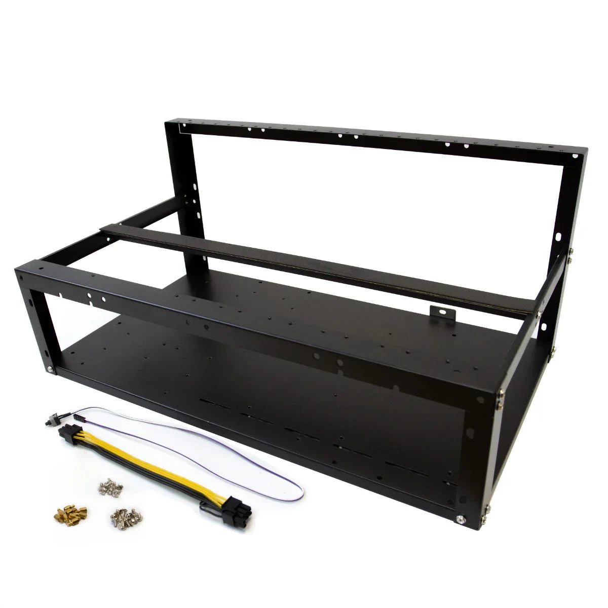 Sturdy black metal 6-8 GPU mining rig frame with open design, featuring multiple mounting slots and included hardware for assembly