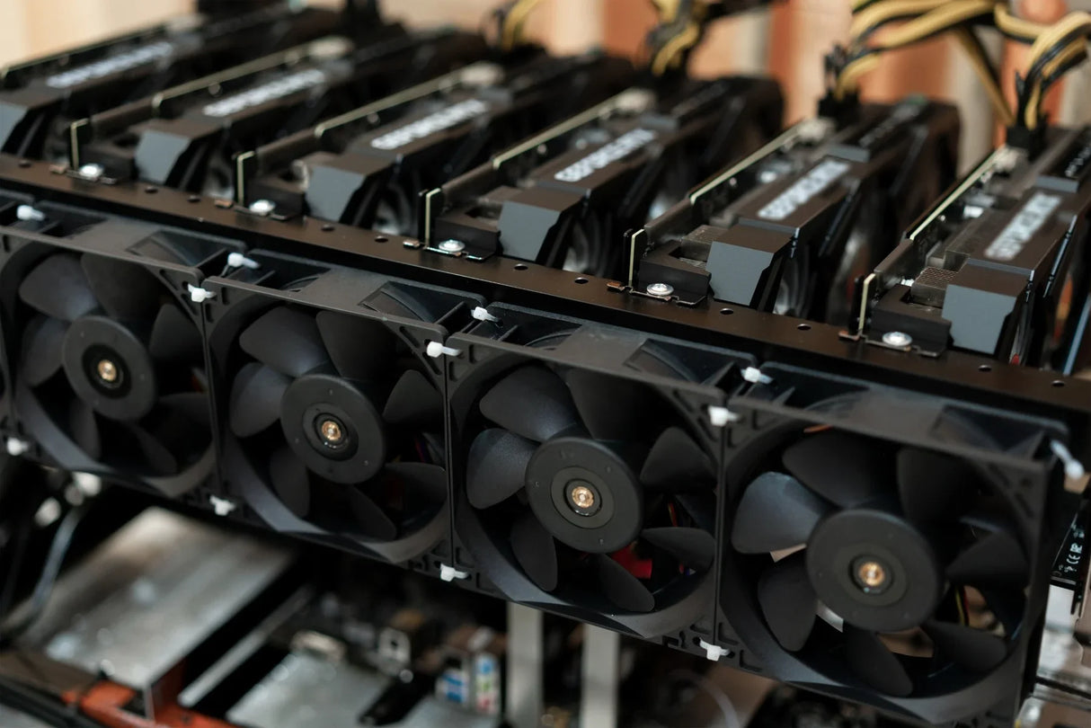 6-8 GPU mining rig frame with multiple black cooling fans, showcasing robust metal structure and efficient airflow design for optimal performance