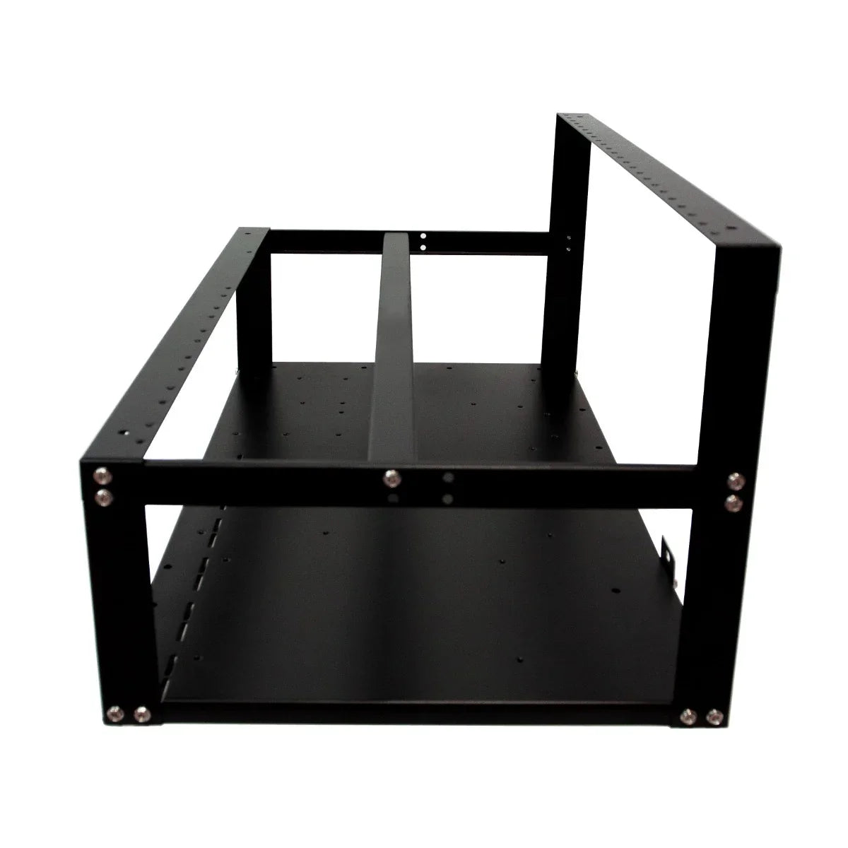 Black metal 6-8 GPU mining rig frame with open design, featuring sturdy construction and multiple mounting points for optimal airflow