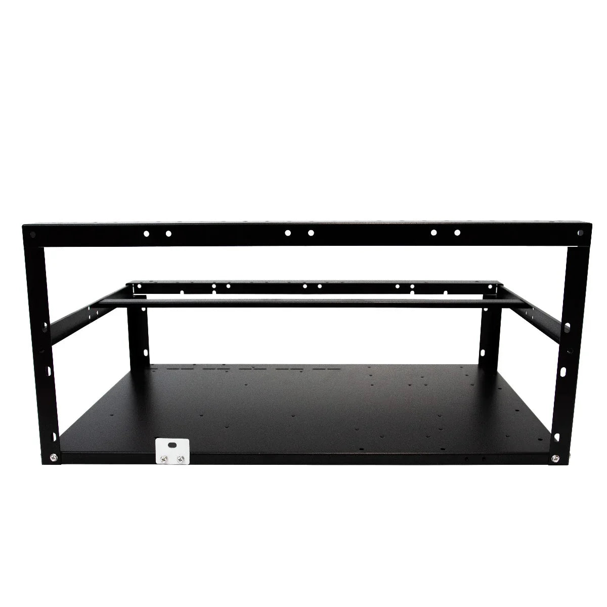 Sturdy black metal 6-8 GPU mining rig frame with open design, featuring multiple mounting holes for efficient airflow and cooling