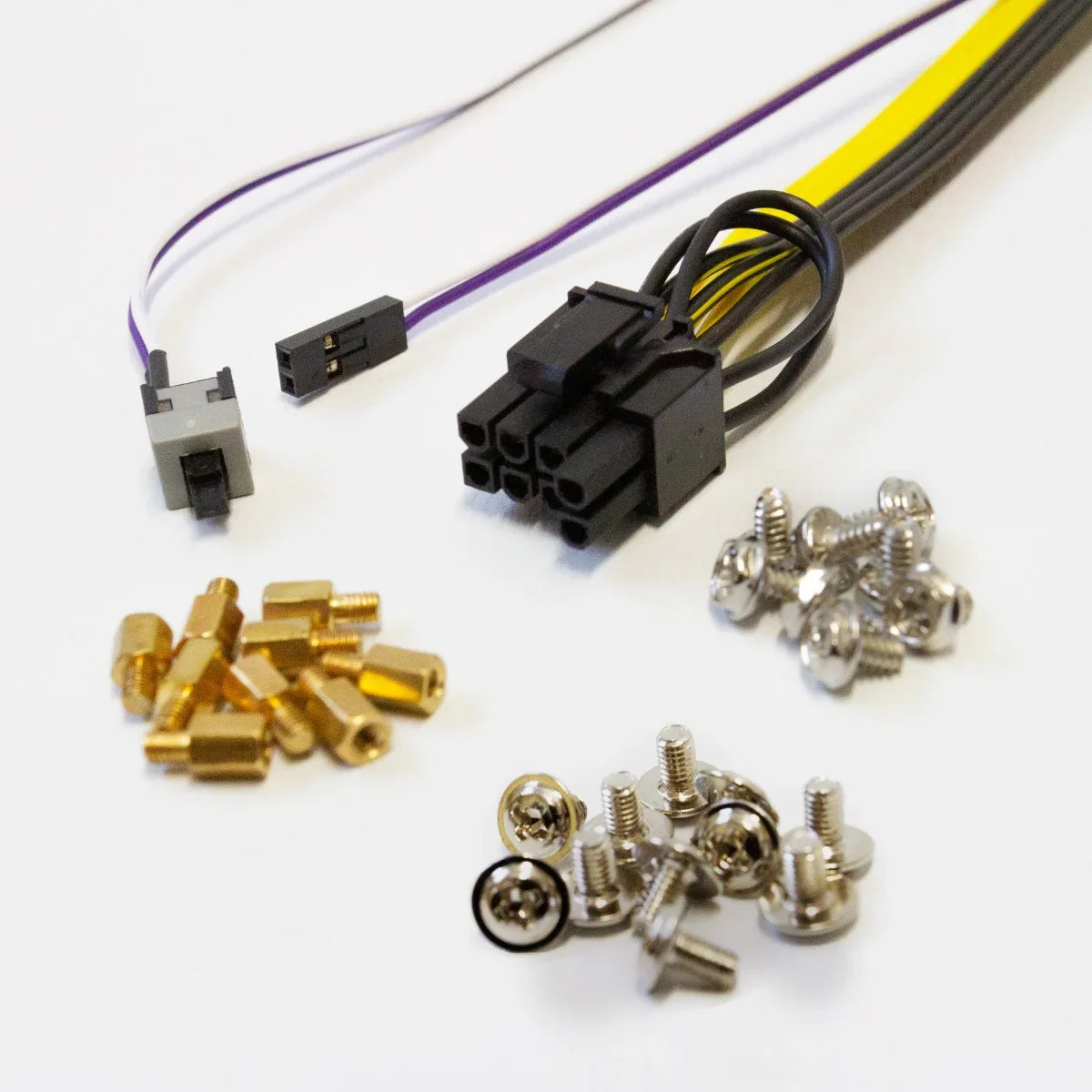 Assorted connectors and screws for a 6-8 GPU mining rig frame, featuring gold and silver metal finishes with various shapes and sizes