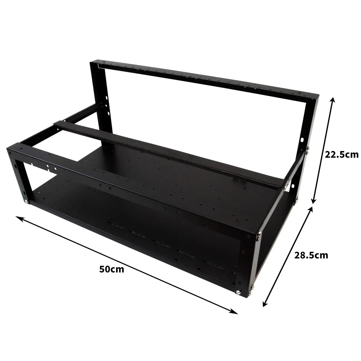 Sturdy black metal 6-8 GPU mining rig frame with open design, measuring 50cm x 28.5cm x 22.5cm for optimal airflow and cooling