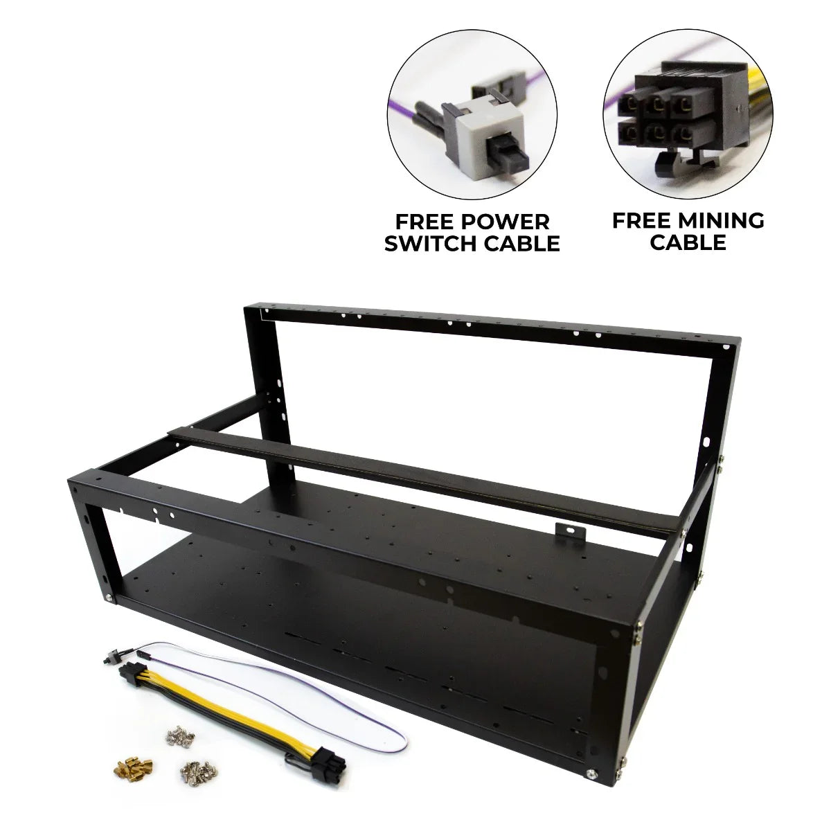 Sturdy black metal 6-8 GPU mining rig frame with free power switch and mining cables, designed for optimal airflow and stability