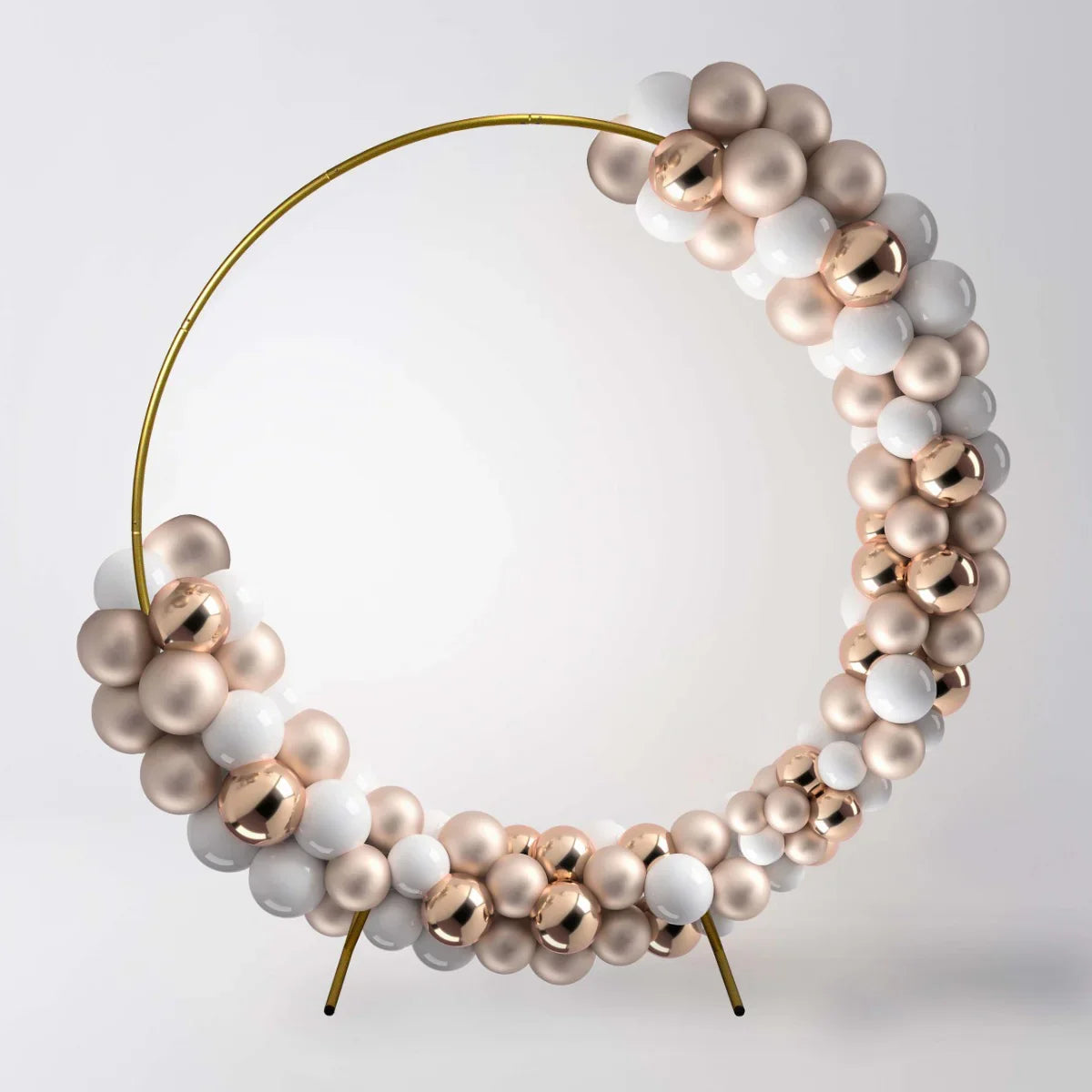 Elegant gold wedding moongate, 200cm, adorned with a mix of glossy white and rose gold balloons, perfect for ceremonies and photo backdrops