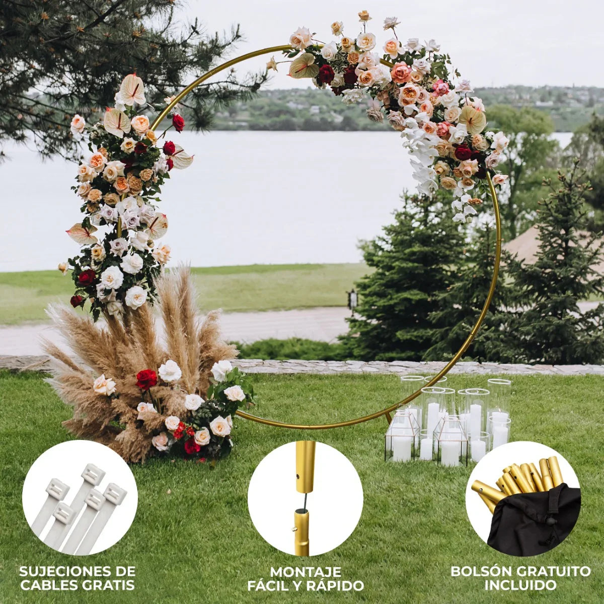Elegant gold wedding moongate, 200cm, adorned with vibrant flowers and greenery, perfect for ceremonies and photo backdrops