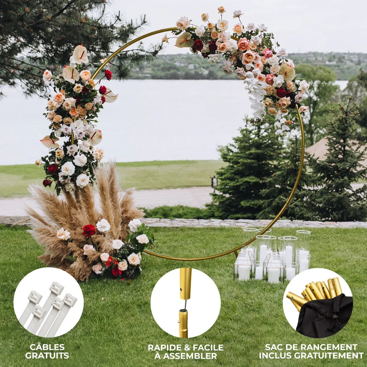 Elegant gold wedding moongate, 200cm, adorned with vibrant flowers and greenery, perfect for outdoor ceremonies and photo backdrops