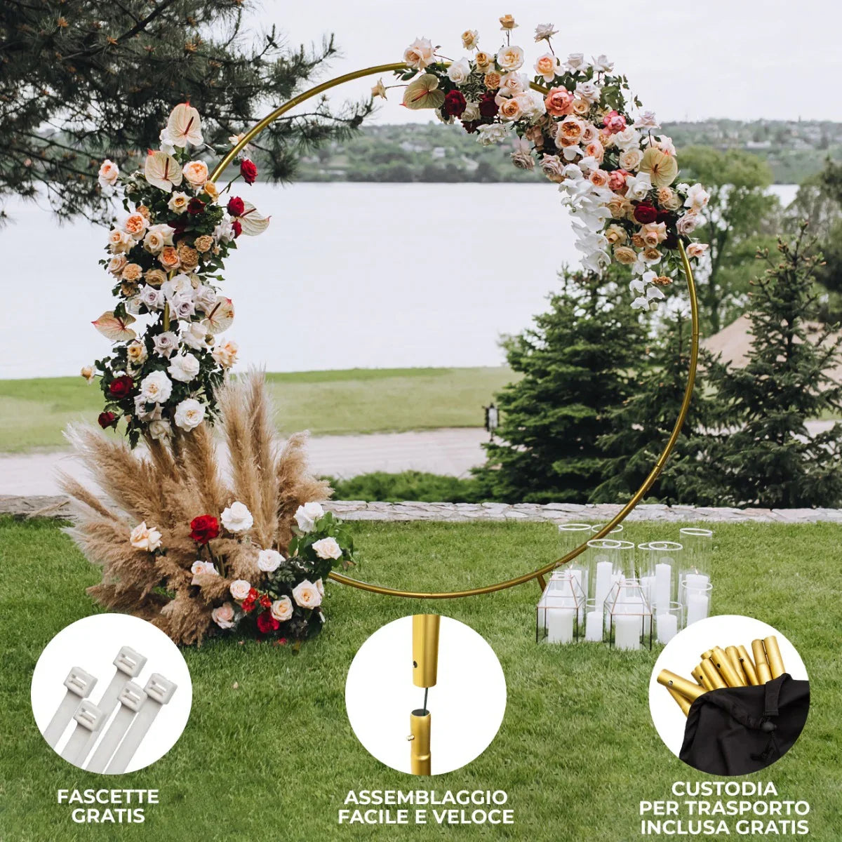Elegant gold wedding moongate, 200cm, adorned with lush flowers and greenery, perfect for ceremonies and photo backdrops