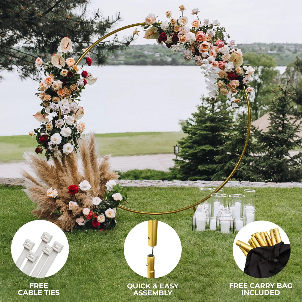 Gold wedding moongate arch, 200cm, adorned with vibrant flowers and greenery, set against a scenic outdoor backdrop