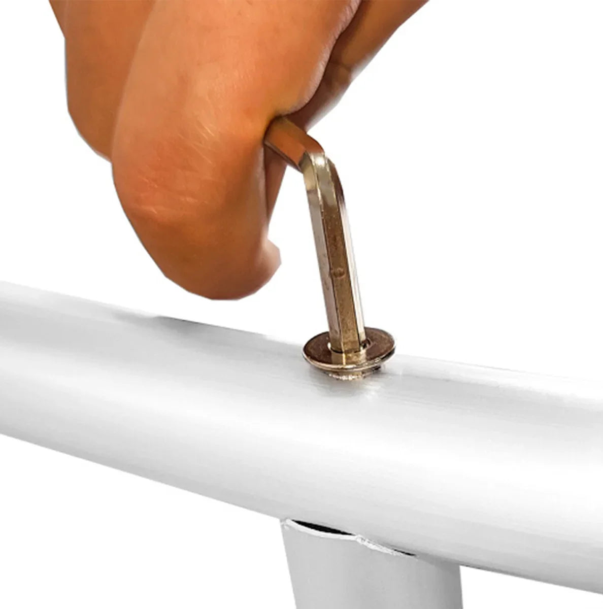 Hand securing a silver metal connector on the Wedding Moongate 200cm, showcasing its sturdy construction and assembly process
