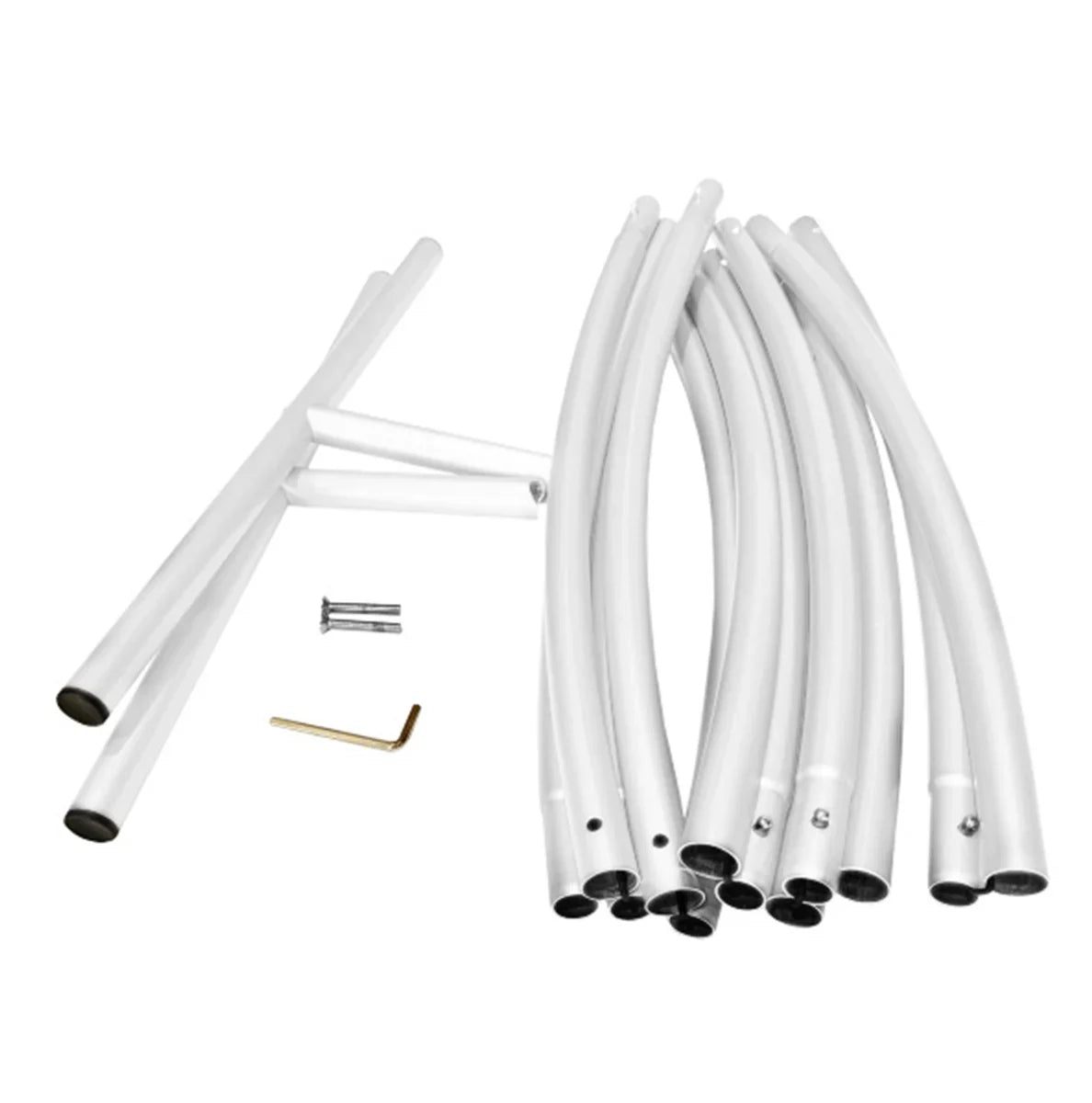 White Wedding Moongate 200cm featuring curved metal pipes, connectors, and assembly tools for elegant event decor setup