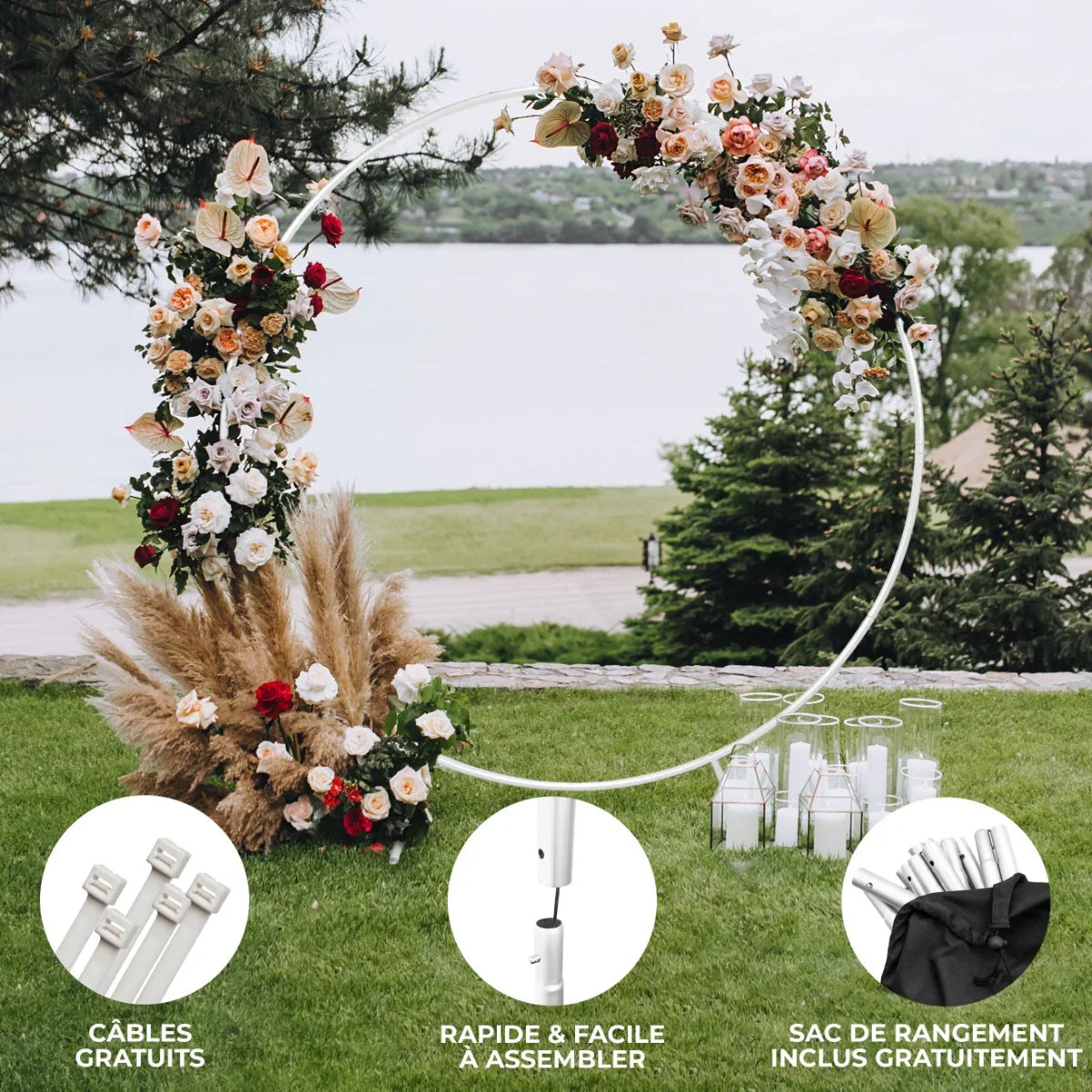 Elegant white wedding moongate, 200cm, adorned with lush floral arrangements, set against a scenic outdoor backdrop