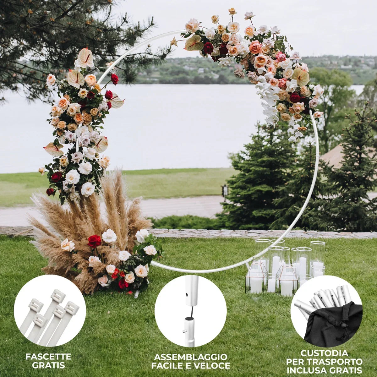 Elegant white wedding moongate arch, adorned with lush floral arrangements in soft pinks, creams, and greens, set against a scenic outdoor backdrop