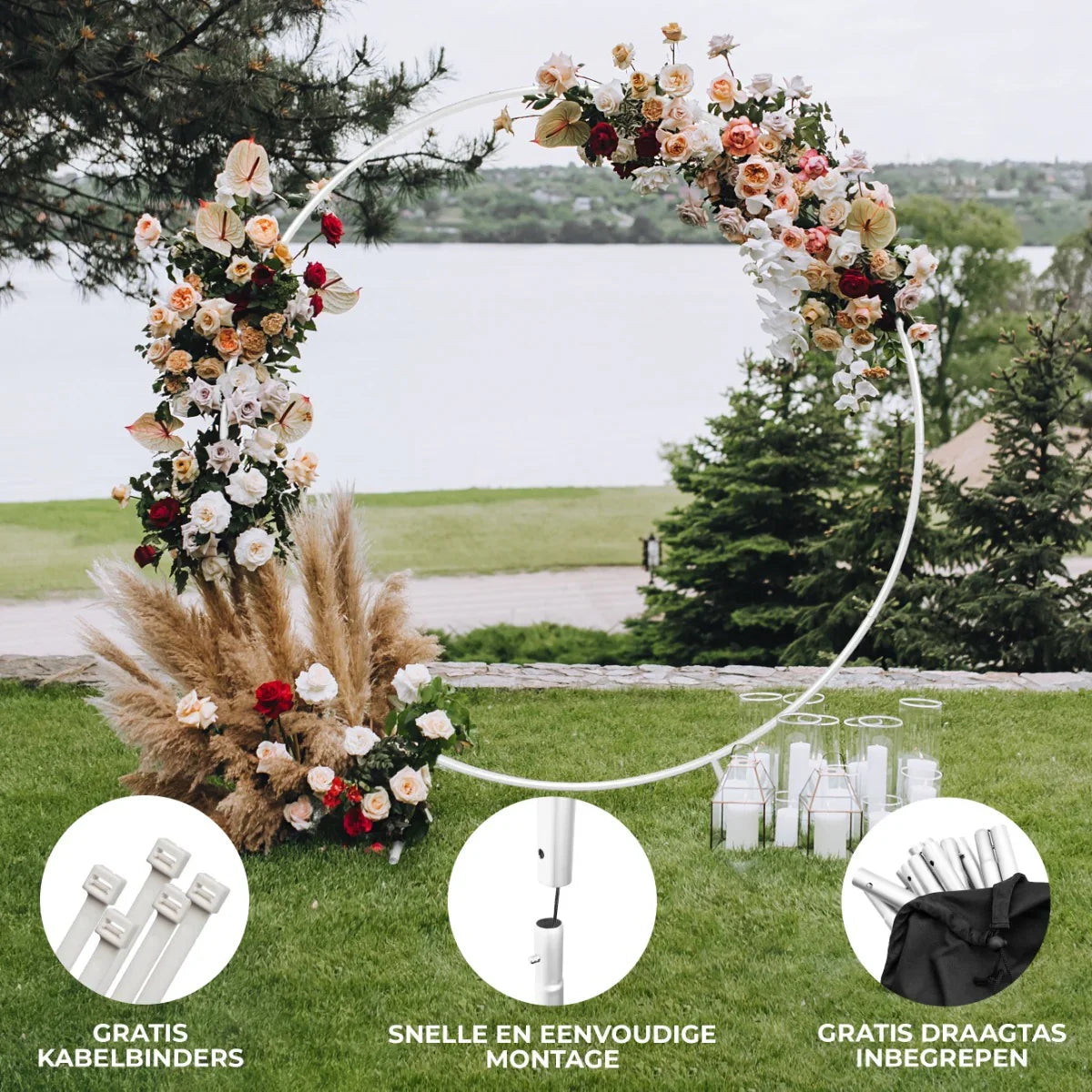 Elegant white wedding moongate arch, adorned with lush floral arrangements in soft pinks, creams, and greens, perfect for ceremonies