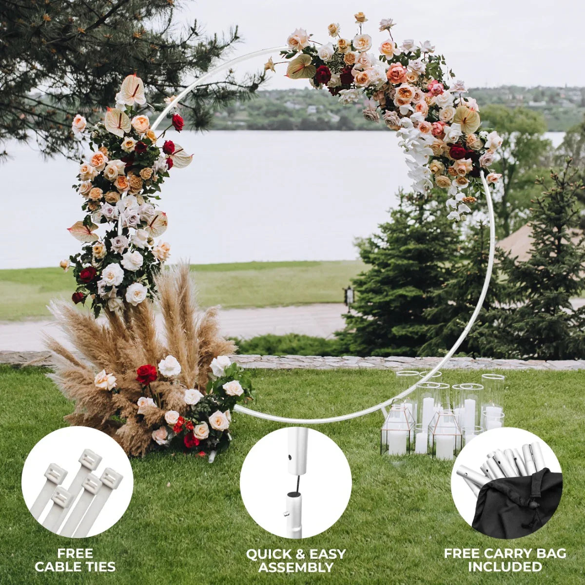 Elegant white wedding moongate arch, adorned with soft pastel flowers and greenery, perfect for outdoor ceremonies and events