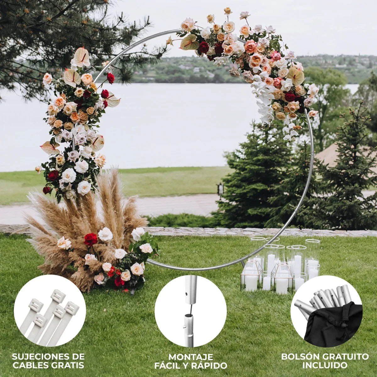 Silver wedding moongate arch, 200cm, adorned with vibrant flowers and pampas grass, perfect for ceremonies and photo backdrops
