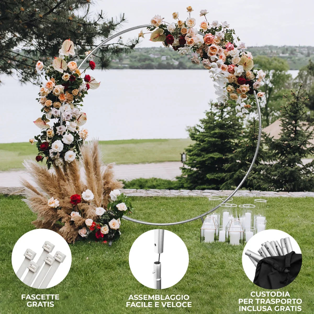 Elegant 200cm silver wedding moongate adorned with colorful flowers and greenery, perfect for ceremonies and photo backdrops
