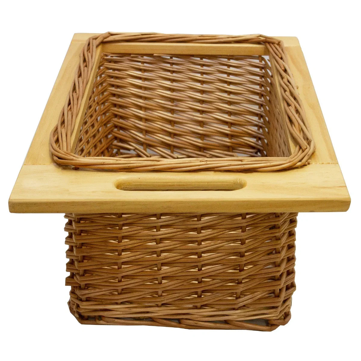 Pull out wicker kitchen basket with a natural wood top, featuring a rectangular shape and intricate woven texture for storage solutions
