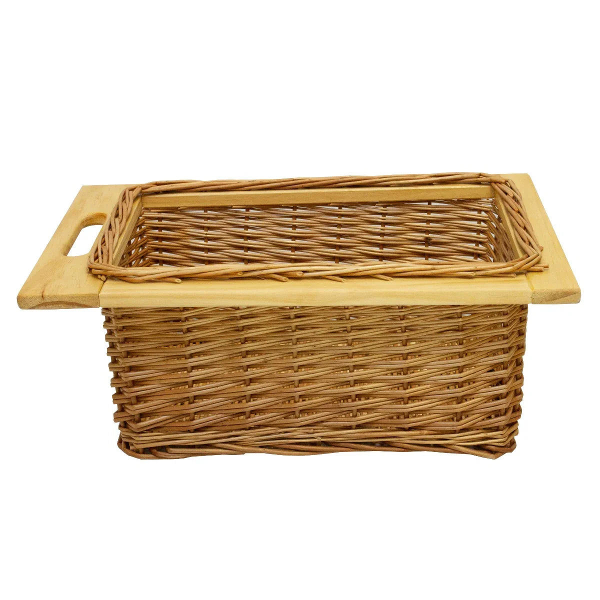 Wicker kitchen basket with a natural finish, featuring a wooden handle, perfect for organizing kitchen essentials or storage