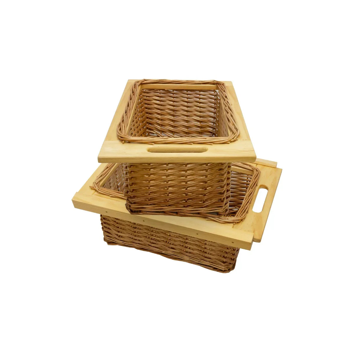 Two pull-out wicker kitchen baskets with wooden handles, featuring a natural woven texture and a rectangular shape for storage