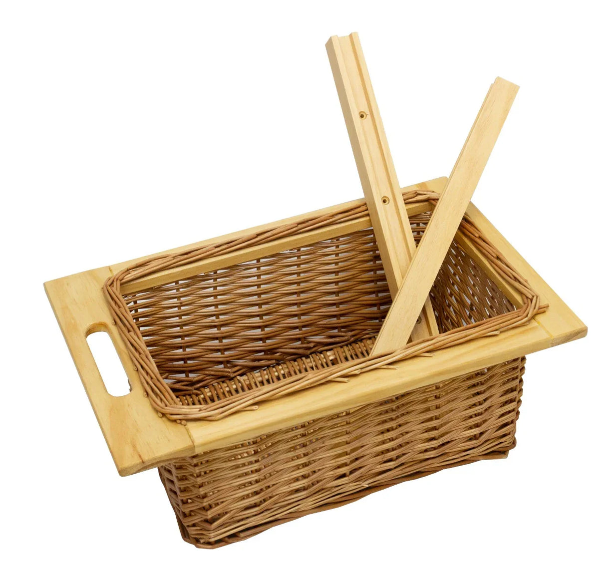 Wicker kitchen basket with a natural finish, featuring a sturdy wooden handle and removable wooden dividers for organization