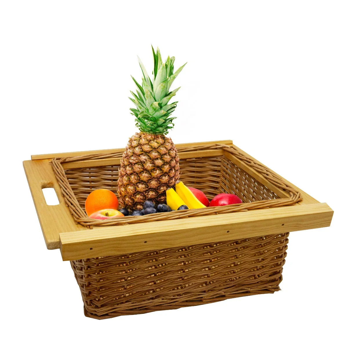 Pull out wicker kitchen basket with a wooden frame, filled with colorful fruits including pineapple, oranges, and apples