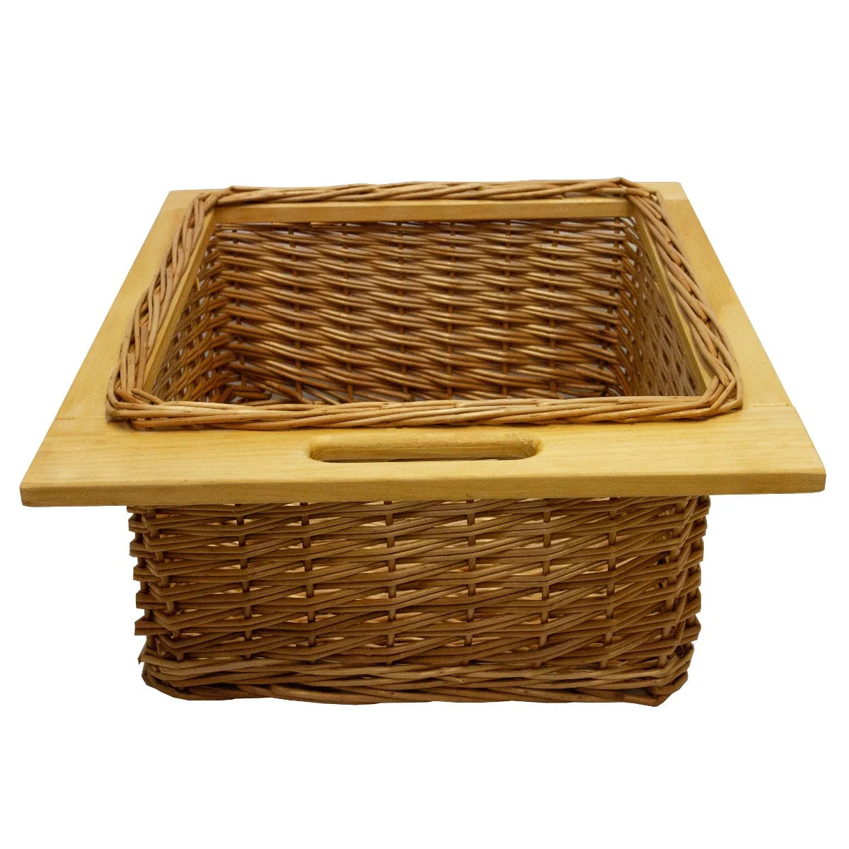 Square pull-out wicker kitchen basket with a natural wood top, featuring a woven texture and sturdy handles for easy access