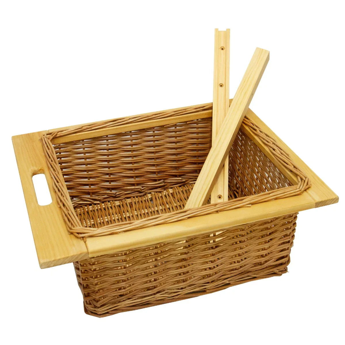 Wicker kitchen basket with a natural wood frame, featuring a spacious interior and sturdy handles for easy pull-out storage
