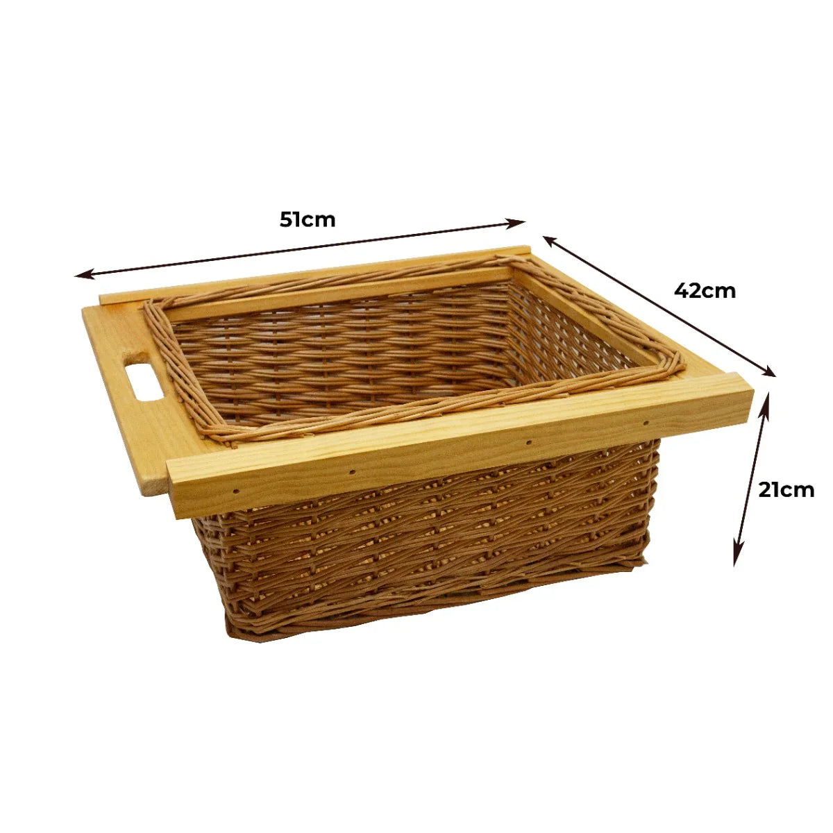 Pull out wicker kitchen basket with wooden handle, measuring 51cm x 42cm x 21cm, featuring a natural woven texture and sturdy design