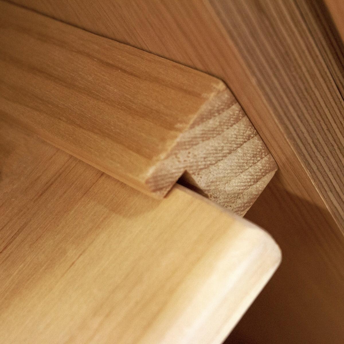 Close-up of a wooden shelf edge with a smooth finish, showcasing the natural grain and texture, ideal for kitchen storage solutions