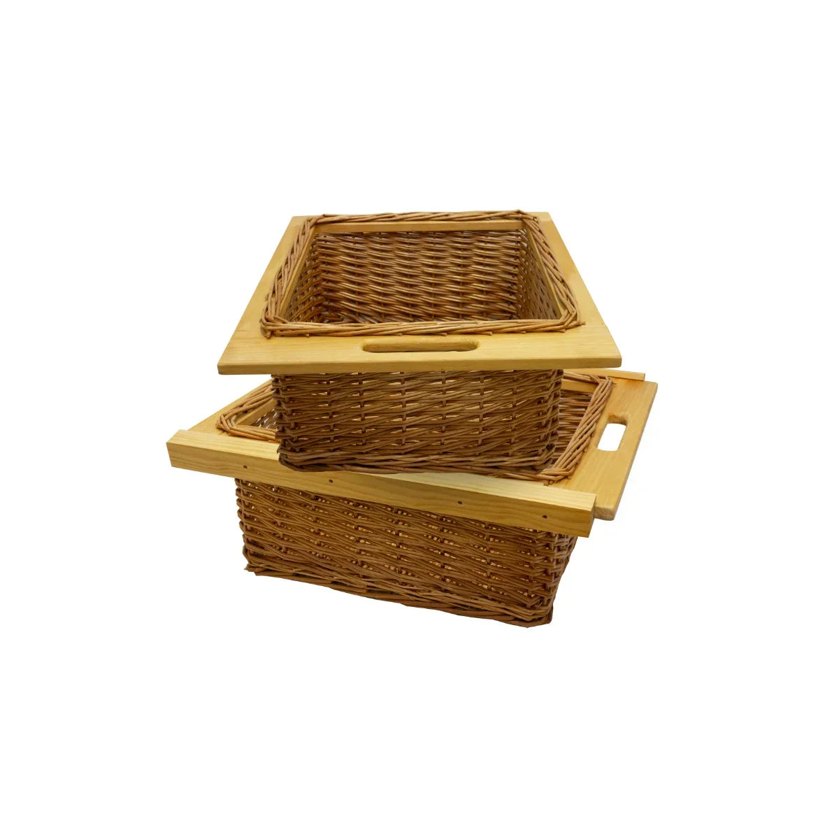Two pull-out wicker kitchen baskets with wooden frames, featuring a natural brown color and woven texture, ideal for storage