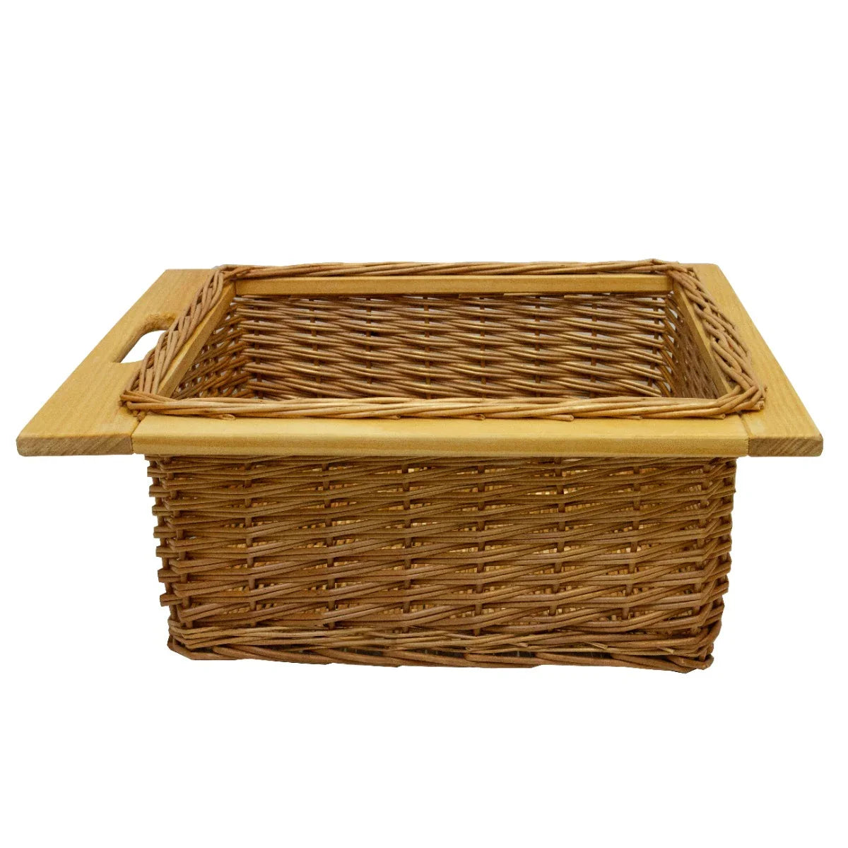 Pull out wicker kitchen basket with a natural wood handle, featuring a textured woven design and spacious interior for storage
