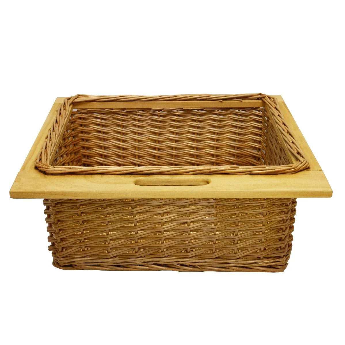 Pull out wicker kitchen basket with a natural finish, featuring a sturdy wooden lid and woven texture, ideal for storage