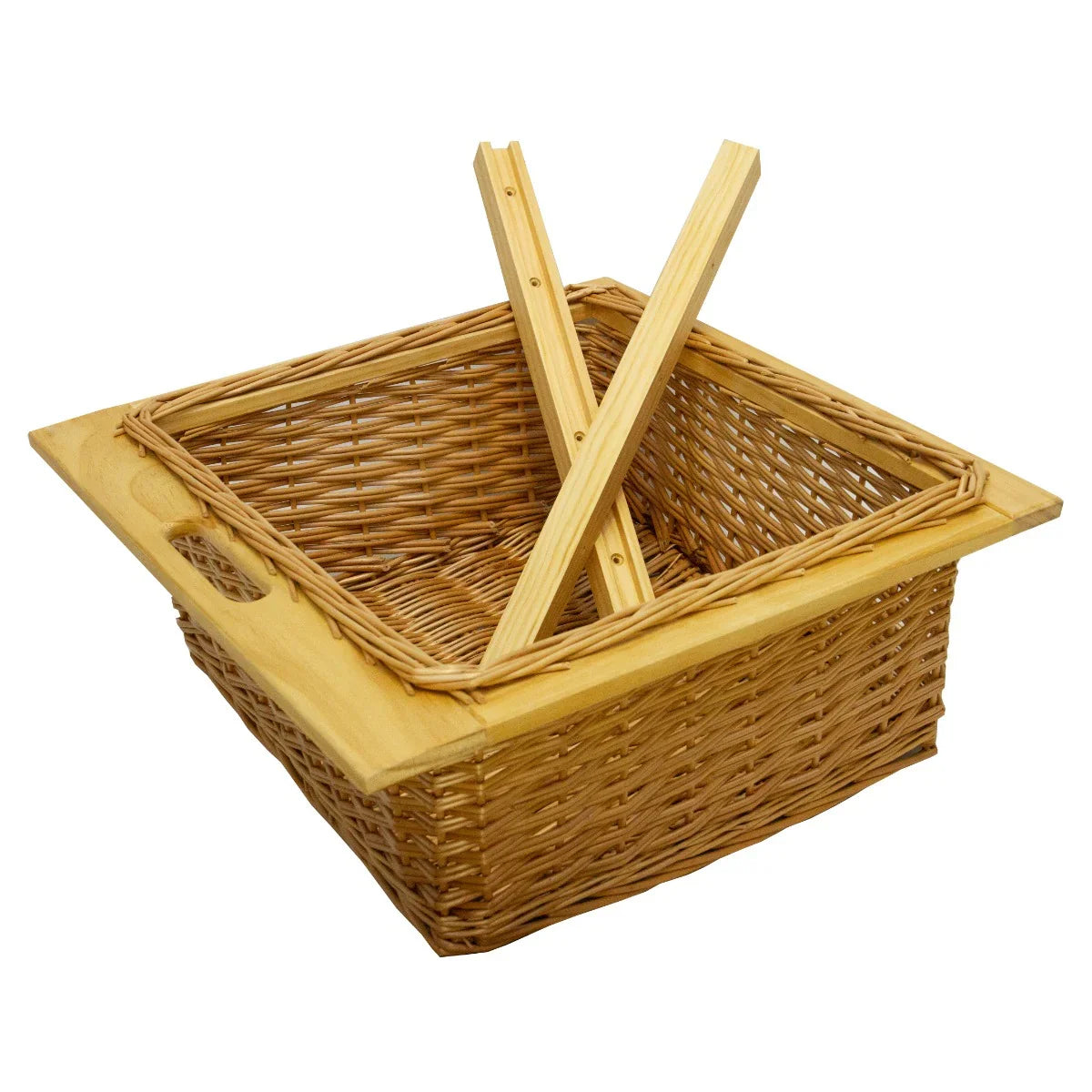 Pull out wicker kitchen basket with a natural wood frame, featuring a woven design and sturdy handles for easy access
