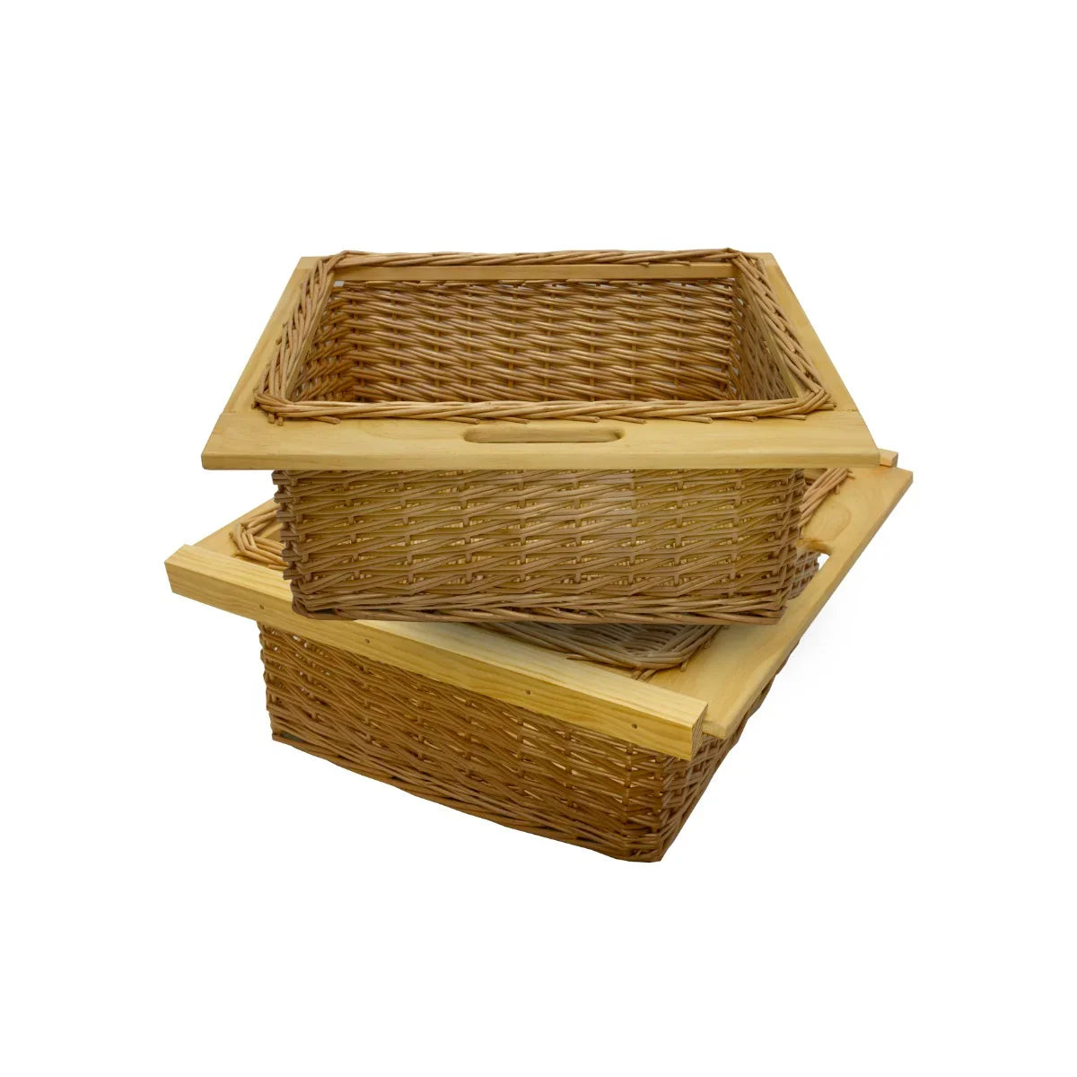 Two pull-out wicker kitchen baskets with natural wood frames, featuring a woven texture and open handles for easy access