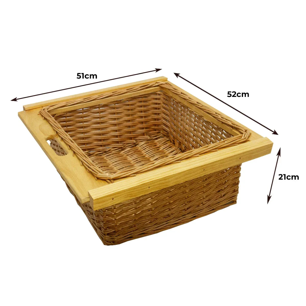 Wicker kitchen basket with wooden frame, measuring 51cm x 52cm x 21cm, featuring a natural woven texture and sturdy handles
