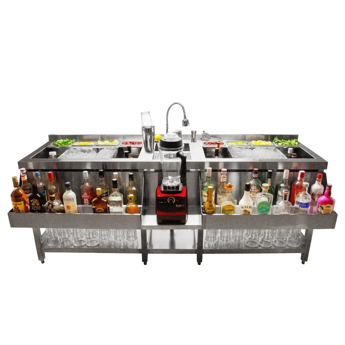 Stylish KuKoo Double Cocktail Bar Station with stainless steel finish, ice compartments, and ample space for bottles and mixers